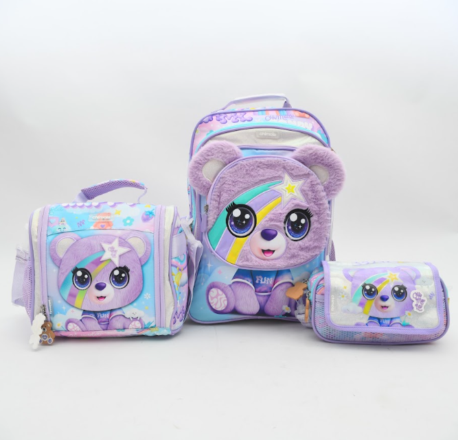 Chimola Fluffy Purple Teddy Bear 3-Piece Kids School Backpack Set