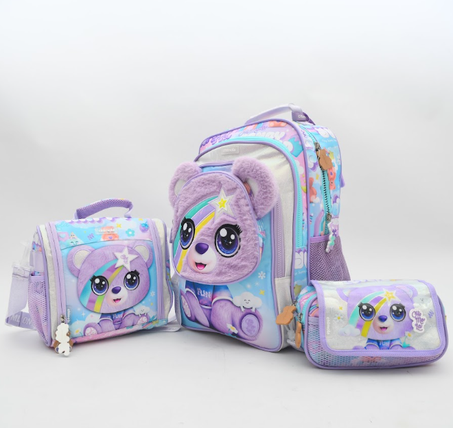Chimola Fluffy Purple Teddy Bear 3-Piece Kids School Backpack Set