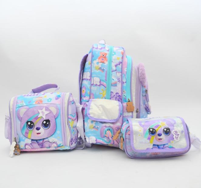 Chimola Fluffy Purple Teddy Bear 3-Piece Kids School Backpack Set