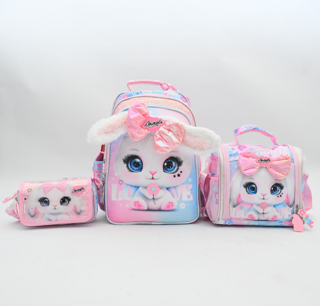 Cute Bunny Pink Ribbon 3-Piece Kids School Backpack Set (with Plush Ears)