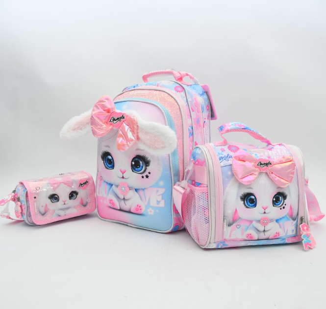 Cute Bunny Pink Ribbon 3-Piece Kids School Backpack Set (with Plush Ears)