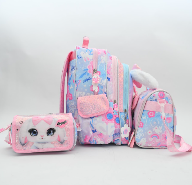 Cute Bunny Pink Ribbon 3-Piece Kids School Backpack Set (with Plush Ears)