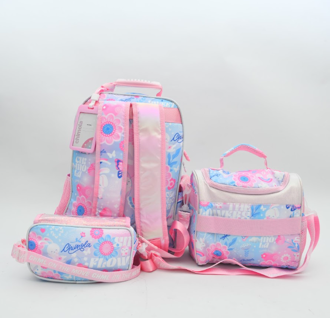 Cute Bunny Pink Ribbon 3-Piece Kids School Backpack Set (with Plush Ears)