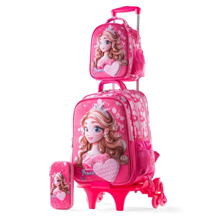 3D Pink Princess Hearts 3-Piece Stair-Climbing Trolley School Bag Set