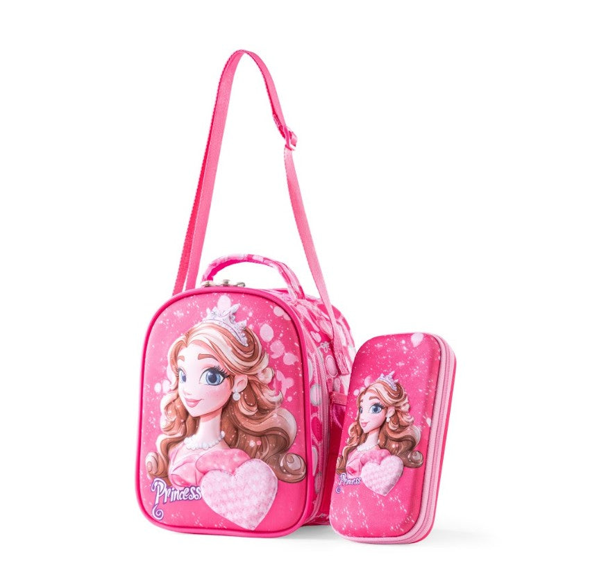 3D Pink Princess Hearts 3-Piece Stair-Climbing Trolley School Bag Set