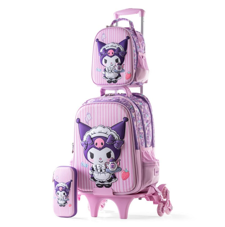 Kuromi 3D Embossed 3-Piece Stair-Climbing Trolley School Bag Set - Pink Striped