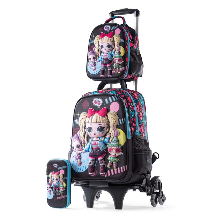 3D Black LOL Surprise Dolls 3-Piece Stair-Climbing Trolley School Bag Set