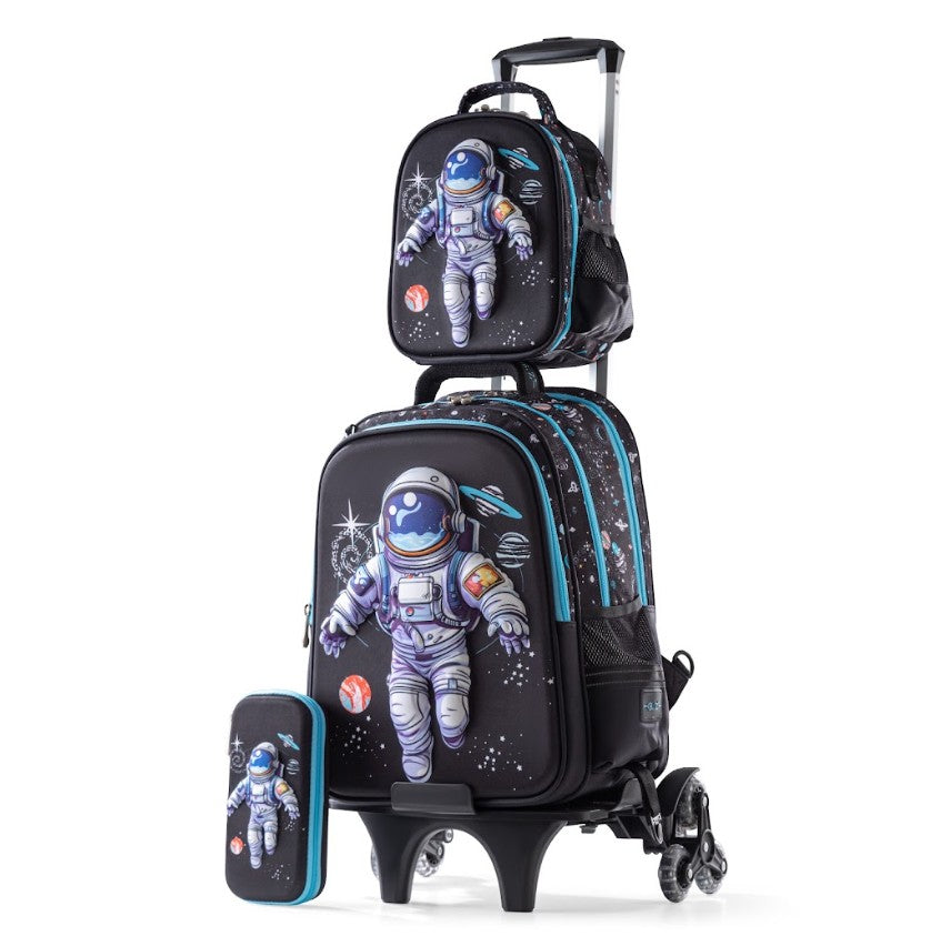 3D Spaceman Galaxy Floating Astronaut 3-Piece Stair-Climbing Trolley School Bag Set