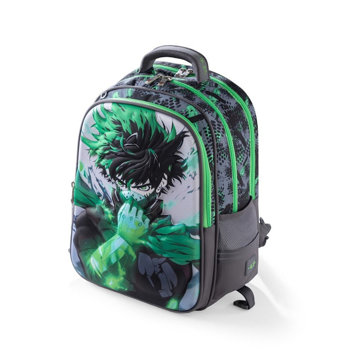 3D Green Anime Hero Deku 3-Piece Stair-Climbing Trolley School Bag Set