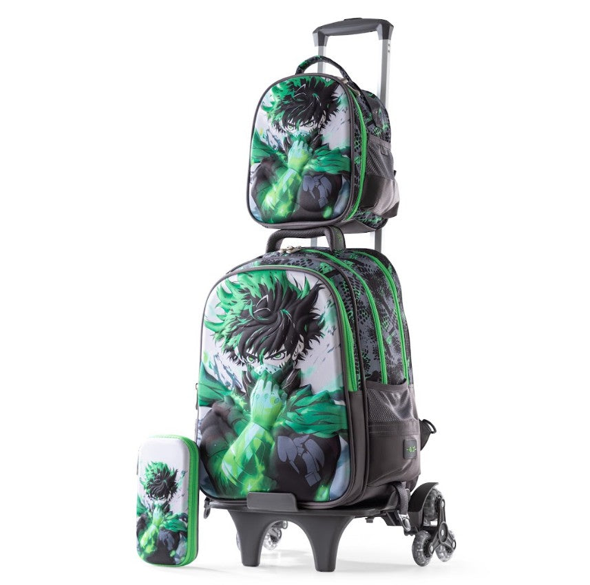 3D Green Anime Hero Deku 3-Piece Stair-Climbing Trolley School Bag Set