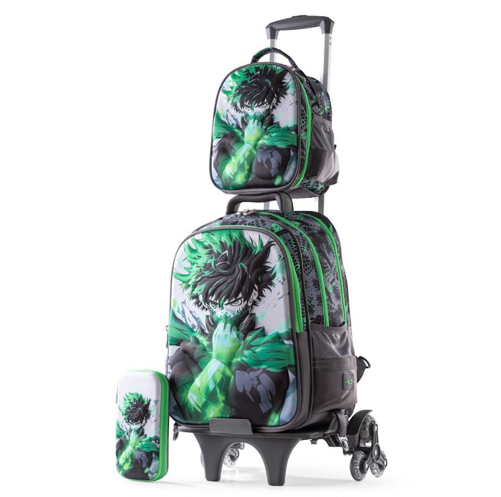 3D Green Anime Hero Deku 3-Piece Stair-Climbing Trolley School Bag Set