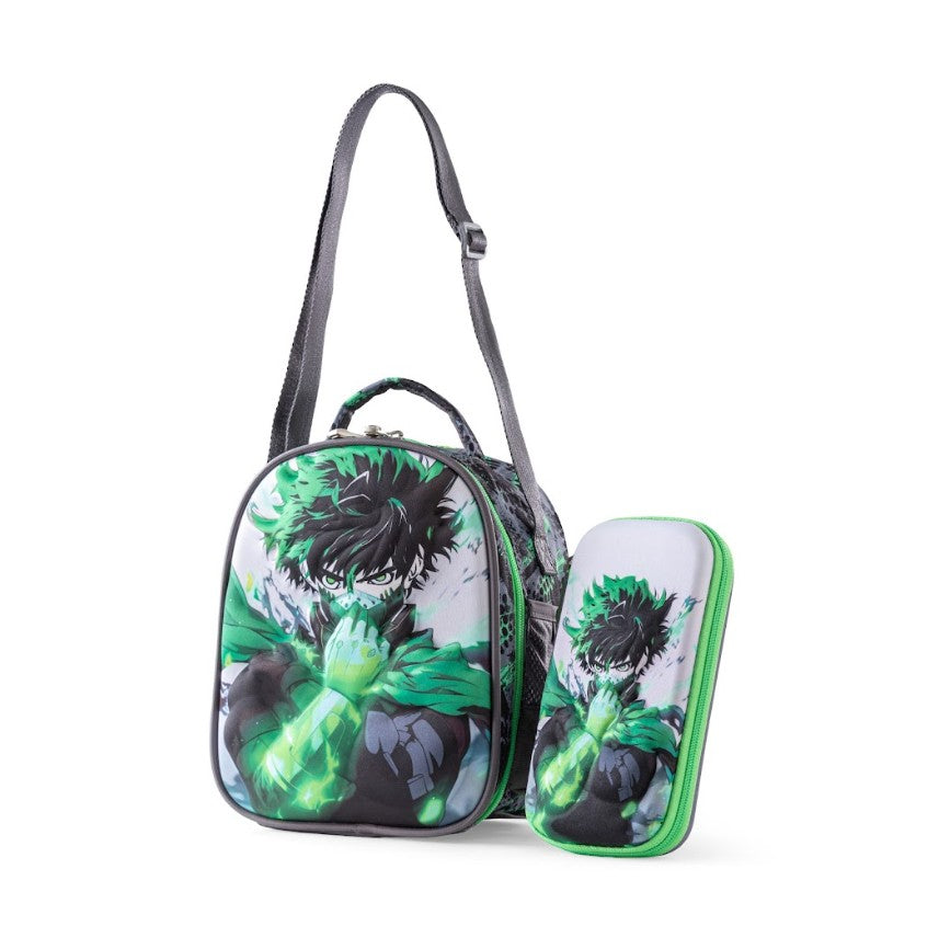 3D Green Anime Hero Deku 3-Piece Stair-Climbing Trolley School Bag Set