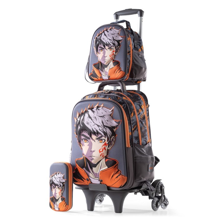 Anime Flame Boy 3D Trolley School Bag Set