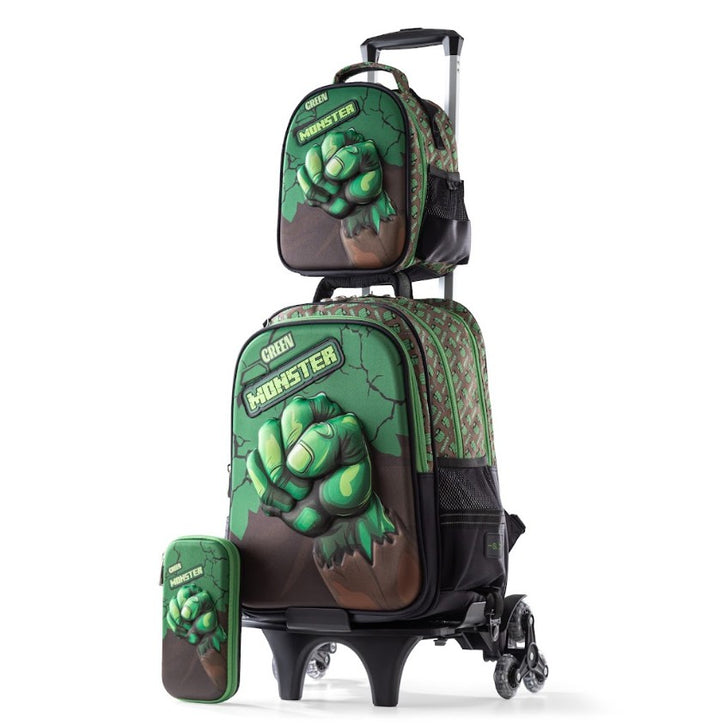 3D Green Monster Power Trolley School Bag Set