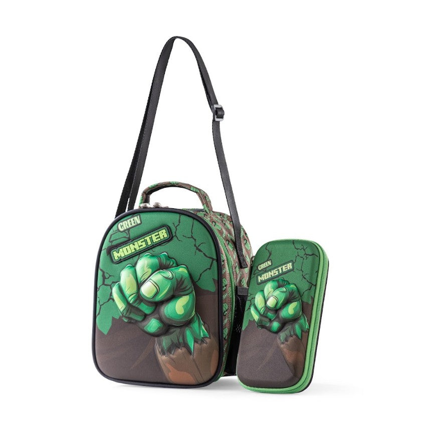 3D Green Monster Power Trolley School Bag Set
