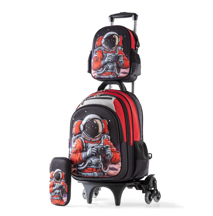3D Red Astronaut Space Photographer 3-Piece Stair-Climbing Trolley School Bag Set