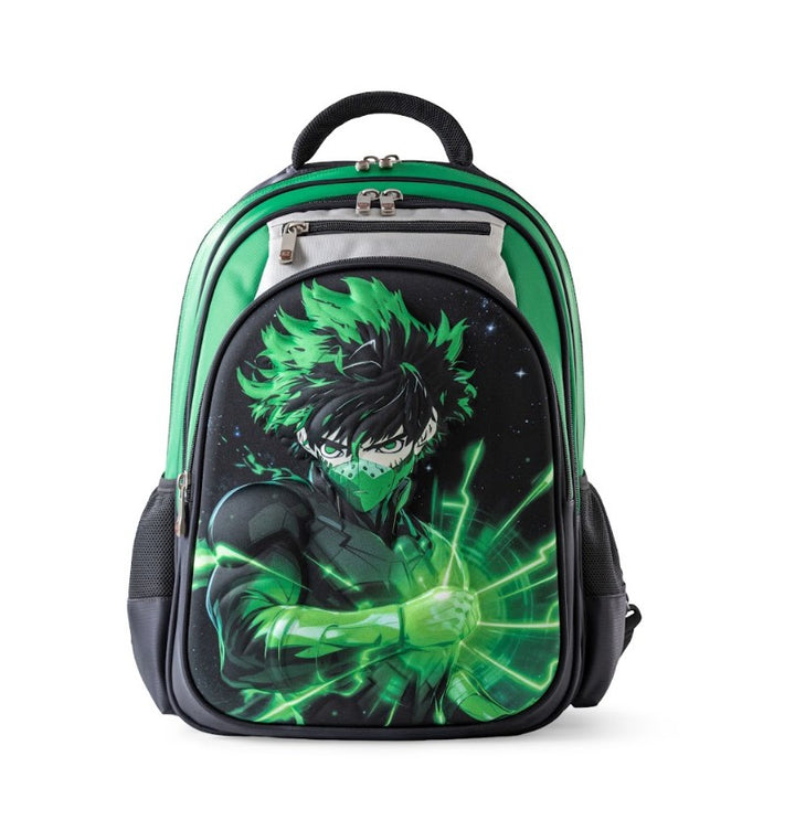3D Green Lightning Anime Hero Deku 3-Piece Stair-Climbing Trolley School Bag Set