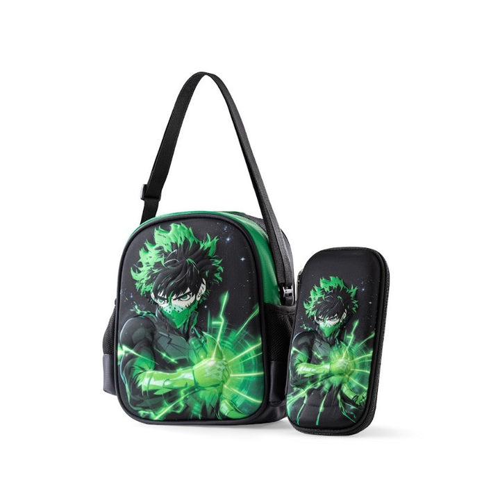 3D Green Lightning Anime Hero Deku 3-Piece Stair-Climbing Trolley School Bag Set