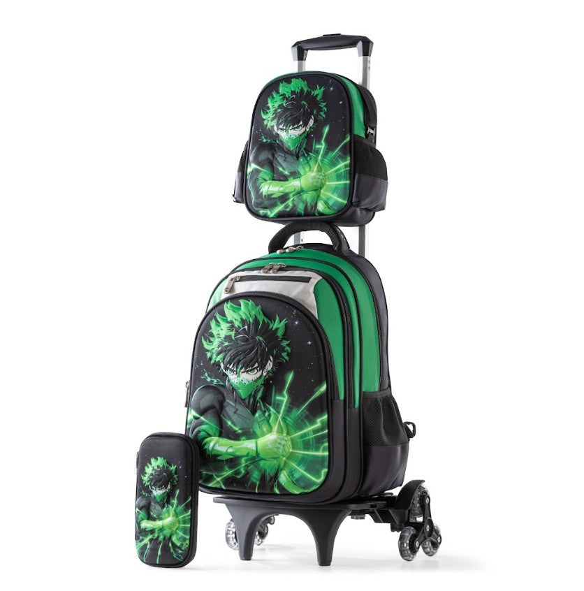 3D Green Lightning Anime Hero Deku 3-Piece Stair-Climbing Trolley School Bag Set