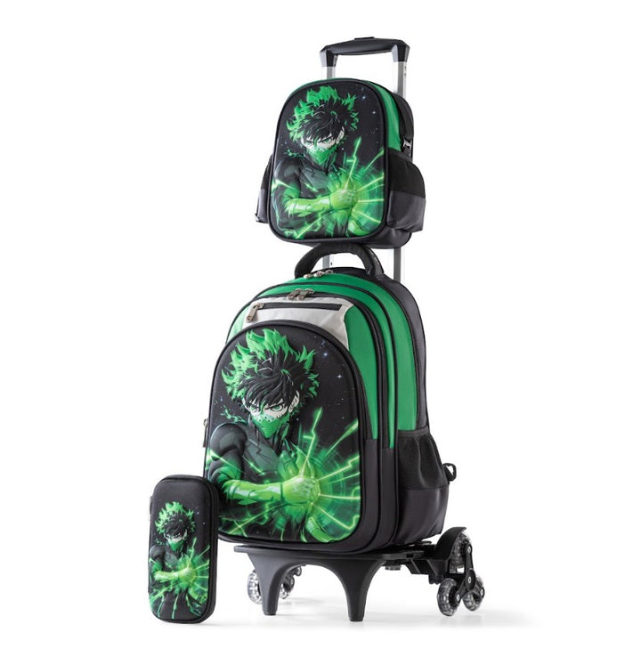 3D Green Lightning Anime Hero Deku 3-Piece Stair-Climbing Trolley School Bag Set