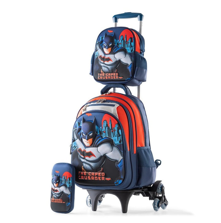 3D Batman Caped Crusader Blue 3-Piece Stair-Climbing Trolley School Bag Set
