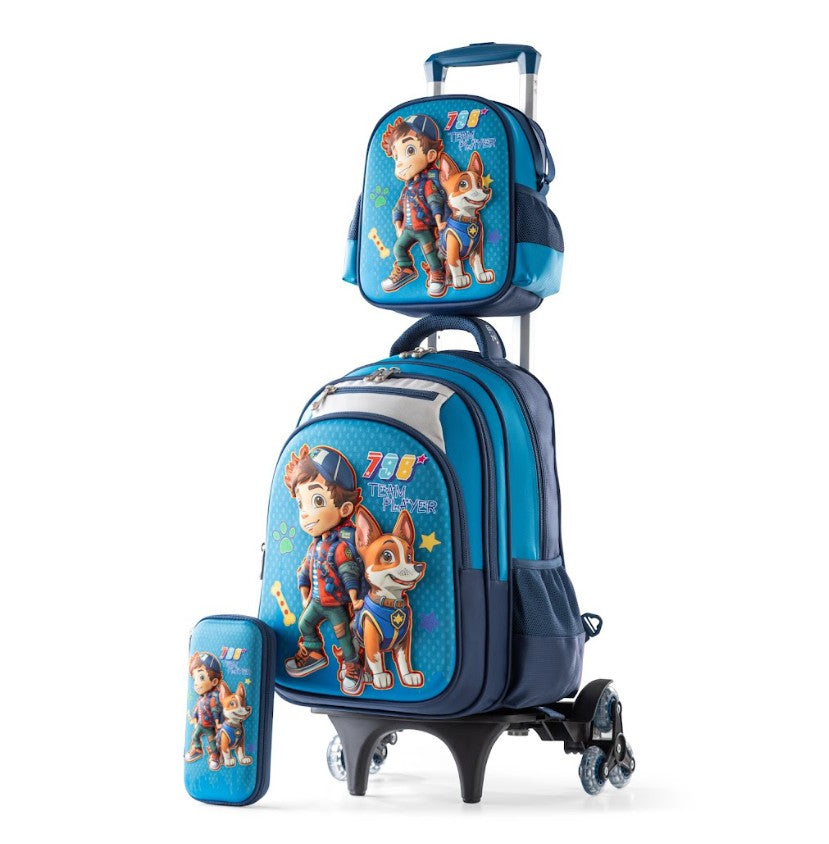 3D Team Player Boy & Dog Trolley School Bag Set