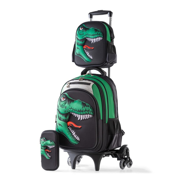 3D Green T-Rex Head Trolley School Bag Set