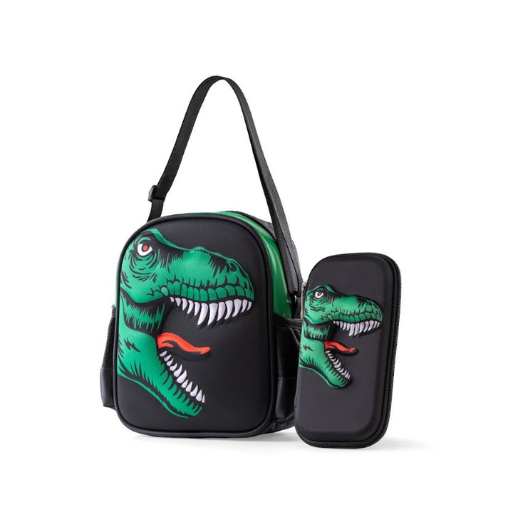 3D Green T-Rex Head Trolley School Bag Set
