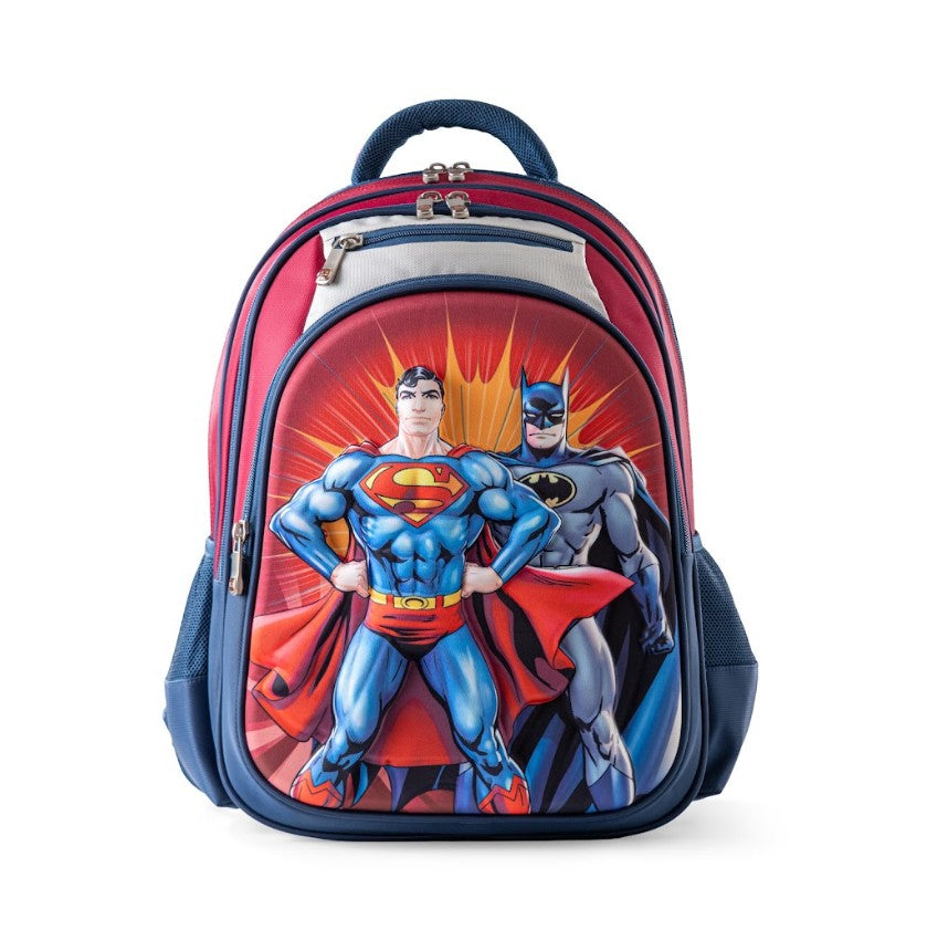 3D DC Superheroes Superman & Batman Red & Navy 3-Piece Stair-Climbing Trolley School Bag Set
