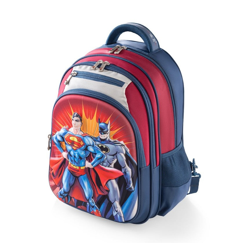 3D DC Superheroes Superman & Batman Red & Navy 3-Piece Stair-Climbing Trolley School Bag Set