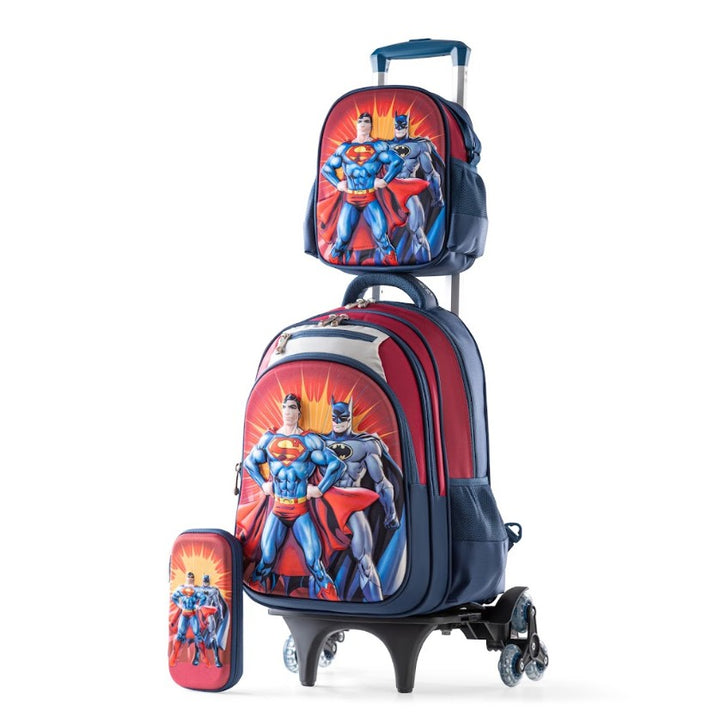 3D DC Superheroes Superman & Batman Red & Navy 3-Piece Stair-Climbing Trolley School Bag Set