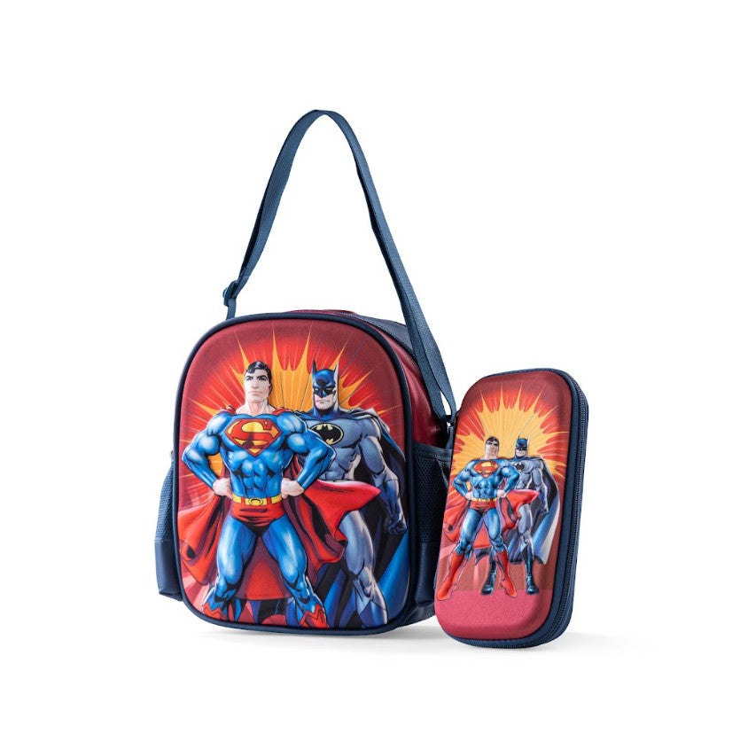 3D DC Superheroes Superman & Batman Red & Navy 3-Piece Stair-Climbing Trolley School Bag Set