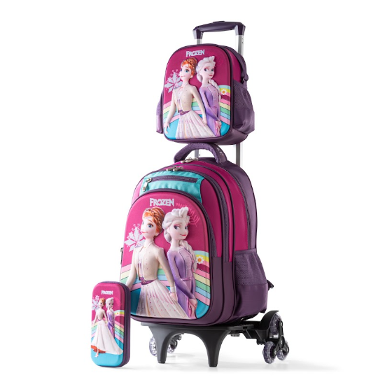 3D Frozen Princesses 6-Wheel Rolling School Backpack Bundle