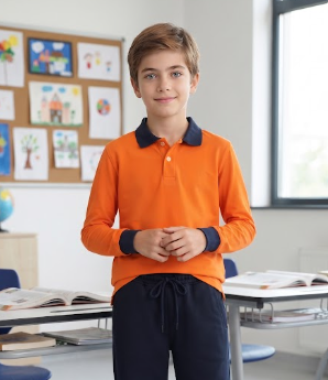 100% Cotton Long-Sleeve Orange Polo Shirt with Contrast Navy Blue Collar and Cuffs