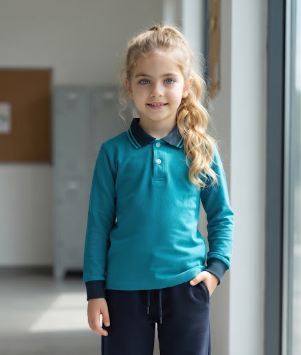 100% Cotton Long-Sleeve Teal Blue Polo Shirt with Navy Blue Tipped Collar & Cuffs