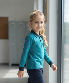 100% Cotton Long-Sleeve Teal Blue Polo Shirt with Navy Blue Tipped Collar & Cuffs