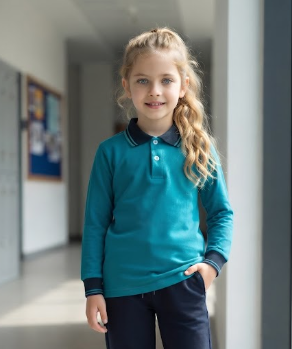 100% Cotton Long-Sleeve Teal Blue Polo Shirt with Navy Blue Tipped Collar & Cuffs