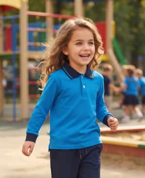 100% Cotton Long-Sleeve Royal Blue Polo Shirt with Navy Blue Tipped Collar & Cuffs