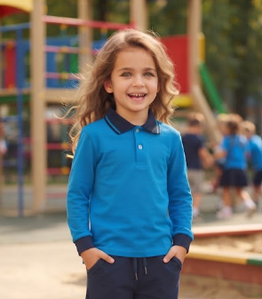 100% Cotton Long-Sleeve Royal Blue Polo Shirt with Navy Blue Tipped Collar & Cuffs