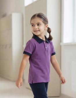 100% Cotton Short-Sleeve Purple Polo Shirt with Contrast Navy Blue Collar and Cuffs