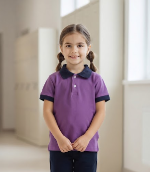 100% Cotton Short-Sleeve Purple Polo Shirt with Contrast Navy Blue Collar and Cuffs