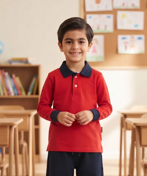 100% Cotton Long-Sleeve Red Polo Shirt with Contrast Navy Blue Collar and Cuffs