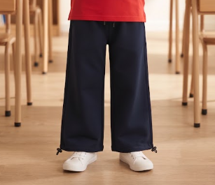 100% Cotton Navy Blue Wide-Leg Track Pants with Adjustable Drawstring Hem