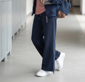 100% Cotton Navy Blue Wide-Leg Track Pants with Adjustable Drawstring Hem