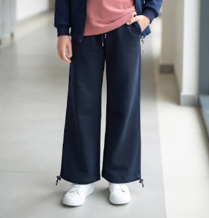 100% Cotton Navy Blue Wide-Leg Track Pants with Adjustable Drawstring Hem