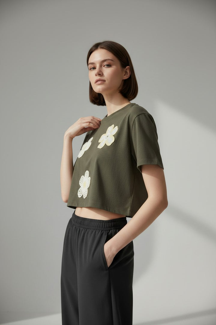 Crocheted Floral Appliqué Crop Top