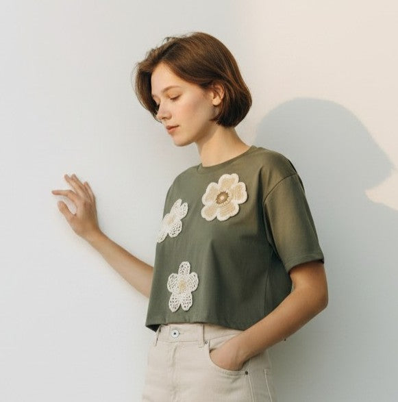 Crocheted Floral Appliqué Crop Top