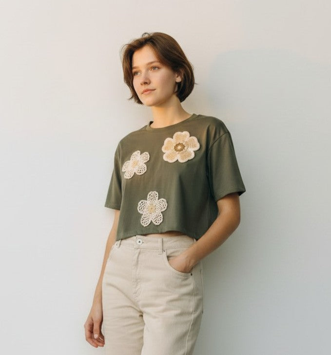 Crocheted Floral Appliqué Crop Top