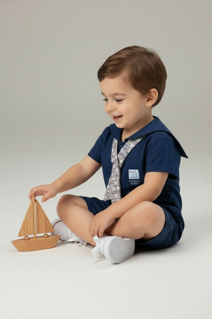 Little Sailor Nautical Collar Romper with Printed Mock Tie