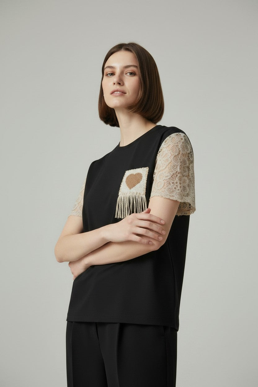 Heart Patch Crochet Sleeve T-Shirt
